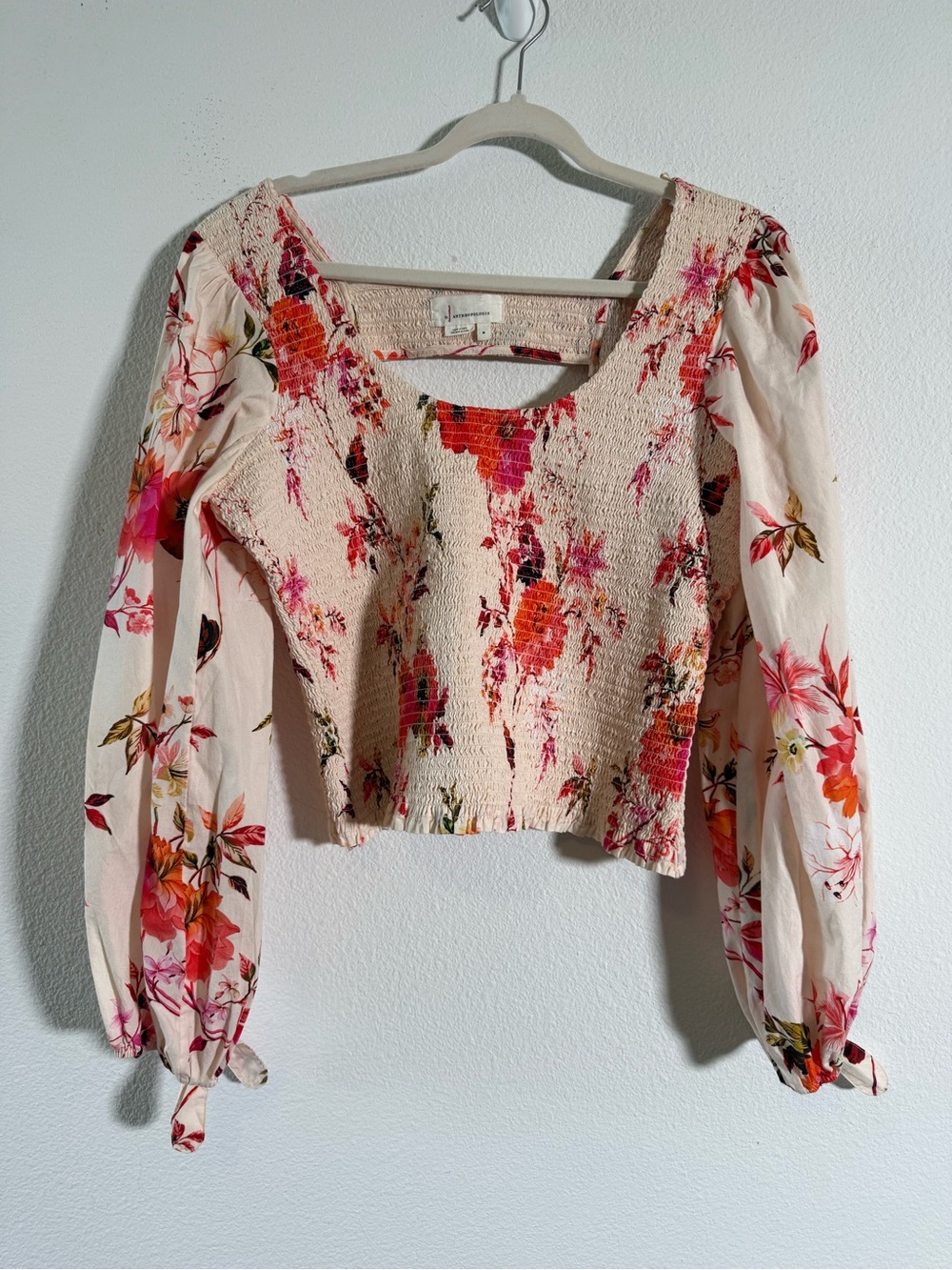 Anthropologie Smocked Floral Crop Top Cottagecore Romantic Puff Sleeve Blouse M